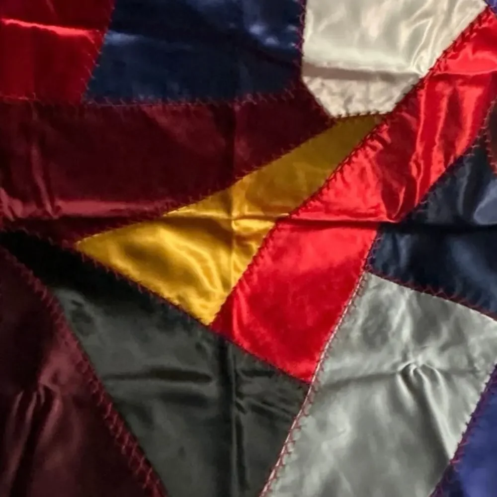 5 Swaths of Crazy Quilt Vibrant Satin Fabric c1930s/40s Individual 24x24”